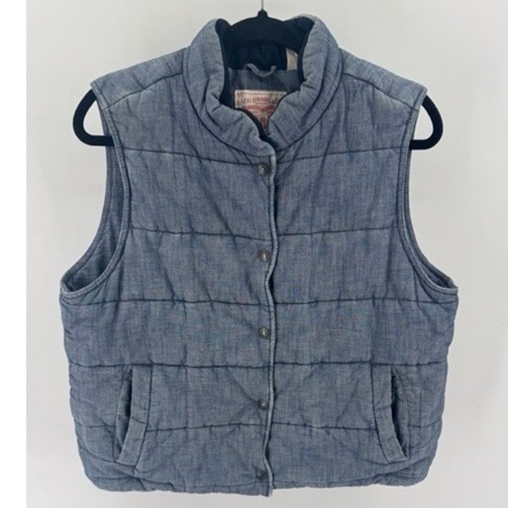 Levi Strauss Blue Chambray Quilted Puffer Button Vest LARGE Heritage Work Layer